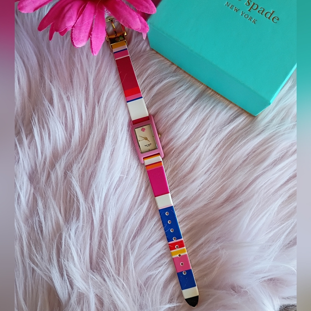 NEEDS BATTERY Kate Spade Red Pink Blue Yellow Orange Striped Silicone Watch - Picture 2 of 16